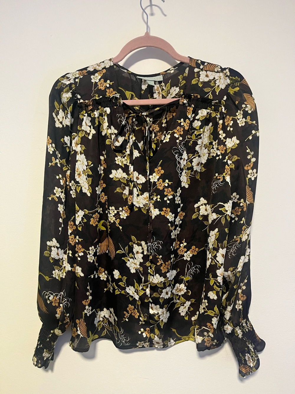 Floral Tie-Neck Long Sleeve Blouse - brown/White Floral